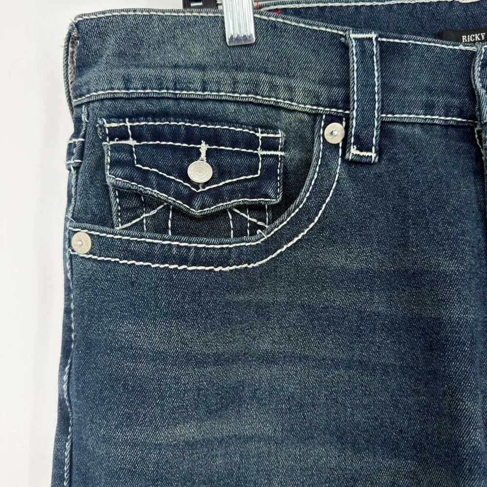 True Religion Ricky Relaxed Straight Dark Wash Contrast Stitch Jeans Mens 36